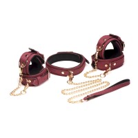 6-teiliges BDSM-Wildleder-Fessel-Set mit Halsband und Riemen - Burgandy