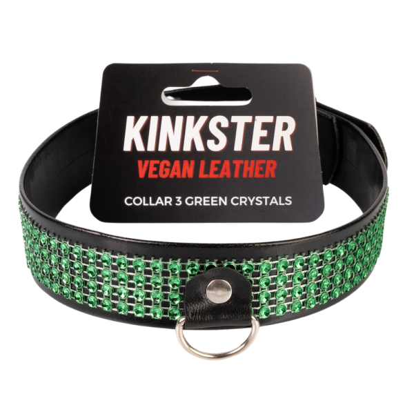 Kinkster Vegan Leather Handmade Collar with 3 Green Crystals