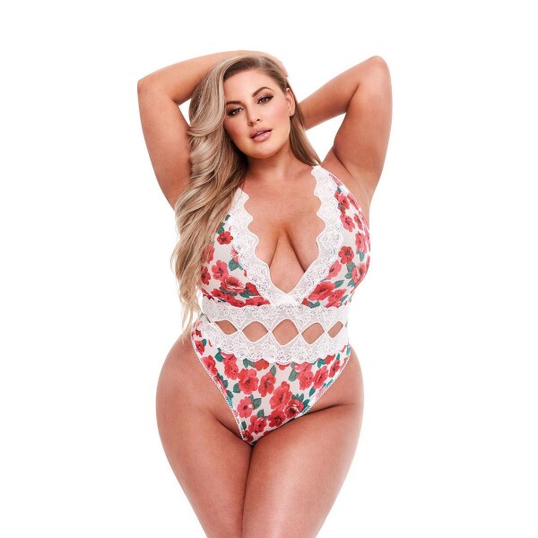 Baci - Weißer String-Spitzen-Bodysuit mit Blumenmuster - Für Kurven