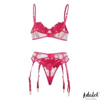 ADALET LINGERIE - Nora bra, thong, and garter belt Set with Flowers Fuchsia