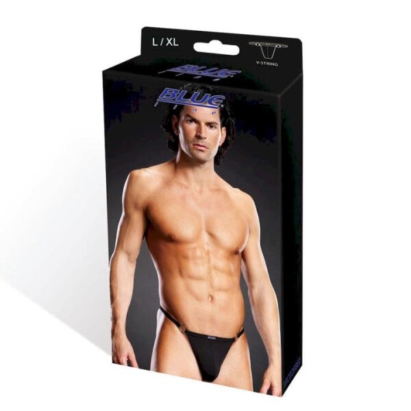 Blue Line Microfiber V-String + Met.Rings black L/ XL